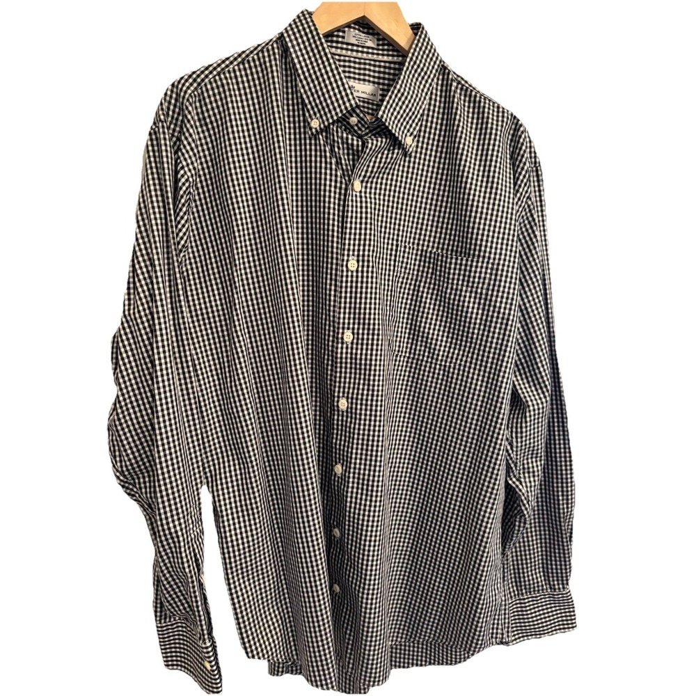 Peter Millar Crown Soft Shirt Mens XL Black White Check Button Down Cotton/Silk